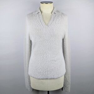 Vince Eyelash Polo Sweater Long Sleeve Soft FuzzyTexture Light Birch Stone M NWT